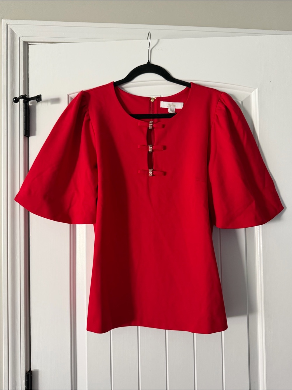 NWT Lilly Pulitzer Ethenia Bow Red Puff-Sleeve Knit Top size Large